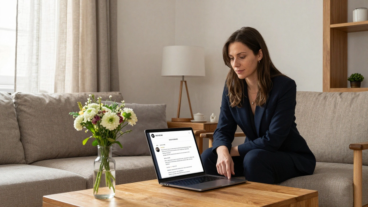 A professional companion in a quiet Strasbourg apartment reviewing client feedback with calm confidence.