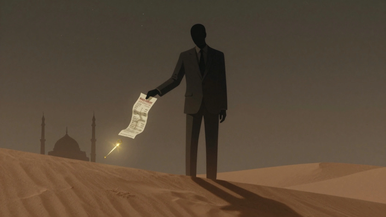 A shadowy figure stands on a desert dune under stars, holding a hotel receipt, reaching toward a glowing compass pointing to a mosque.