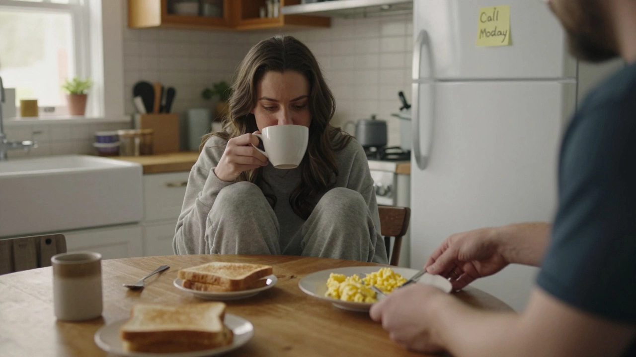 A woman in sweatpants sits in a cozy kitchen, her partner placing food in front of her in quiet morning light.