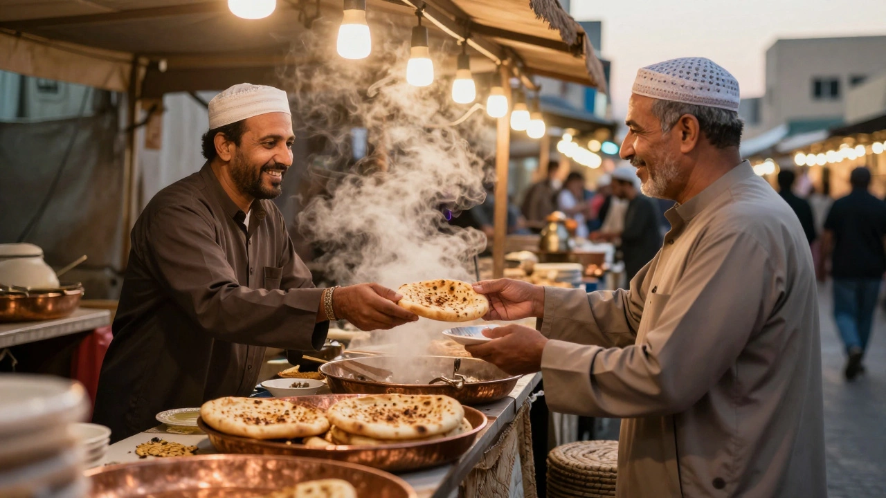 An expat shares a meal with a local vendor at a Dubai street stall, smiling as they talk over steaming bread under golden string lights.