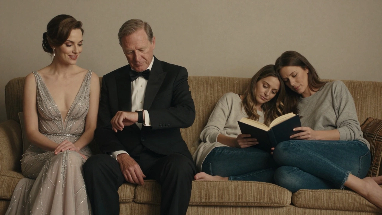 Split image: one side shows a woman at a glamorous event, the other shows her relaxed with a partner at home.