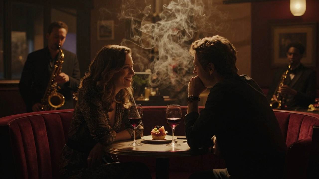 Two people share a quiet moment in a Strasbourg jazz bar, laughing over wine in soft, ambient lighting.